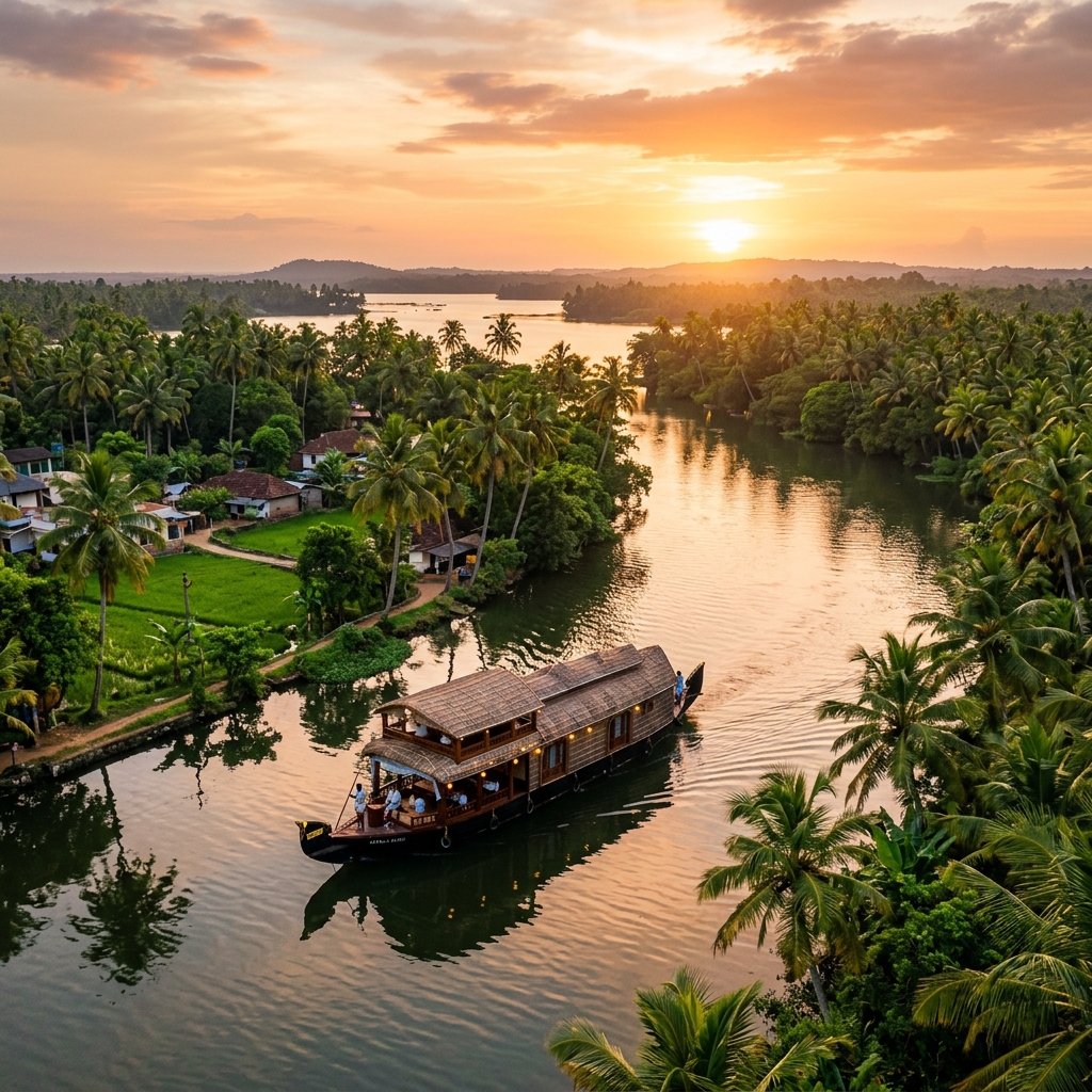 A beautiful, vibrant Indian scenery featuring lush green backwaters and golden hour lighting